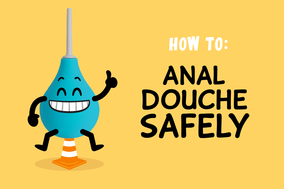 Douchie mascot sitting on orange traffic cone; Text: How to anal douche safely