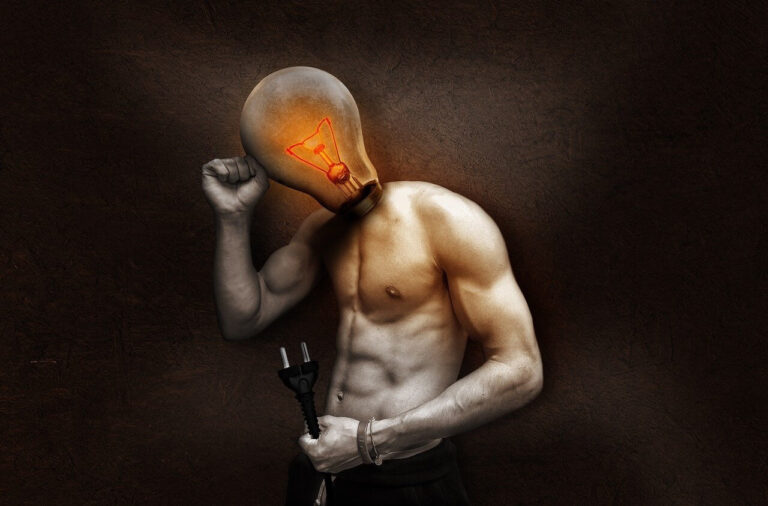 Muscular man with light bulb as head.
